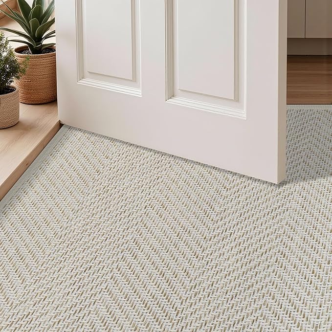 Ultra Thin Indoor Door Mat 24"x36", Washable Door Mat Indoor Entrance, Non Slip Rubber Backing Doormat Low-Profile Inside Entryway Mat, Unique Herringbone Design Entry Mat, Khaki (FOLD)