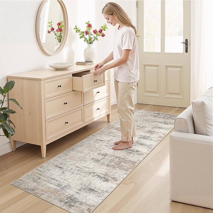 Lofus 2 x10 Area Rug for Hallways, Gold Abstract Washable Runner Rugs with Non Slip Rubber Backing, Low Pile Soft Carpet Runner for Kitchen Bathroom Bedroom Laundry