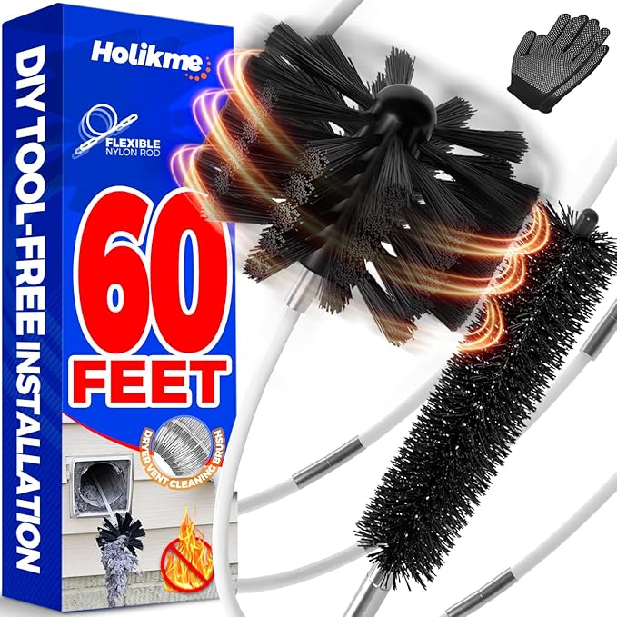 Holikme 60 Feet Dryer Vent Cleaner Kit,Lint Remover Flexible Brush and Drill Attachment Extends Up to 60Feet, 2 Synthetic Brush Head Use with or Without a Power Drill