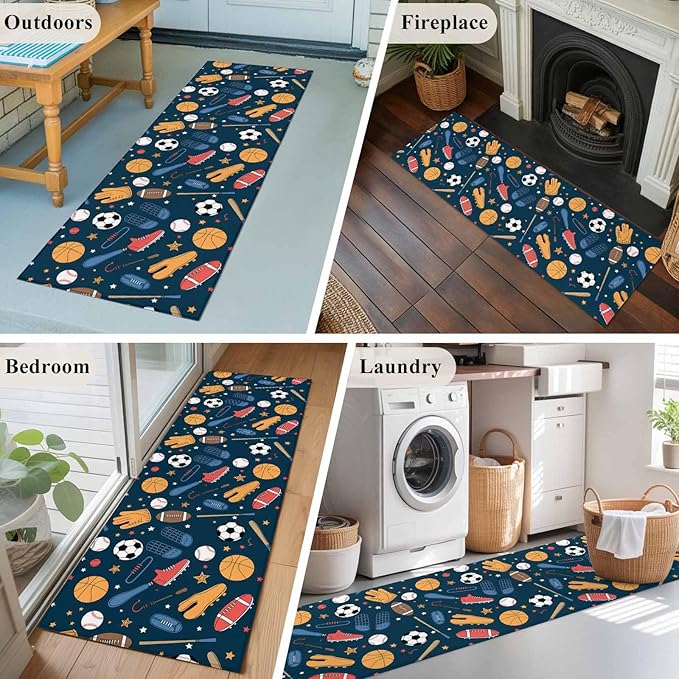 Cartoon Sports Runner Rug 2'x6', Baseball Soccer Basketball Rugby Sneakers Hallway Runner Rugs Washable Non-Slip Bedside Floor Mats Carpet for Kitchen Bedroom Laundry Room Bathroom