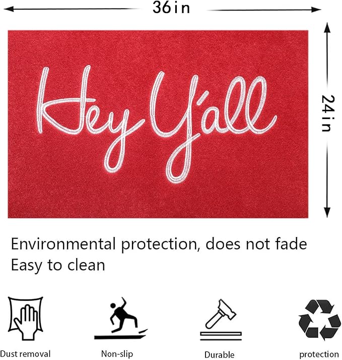 Hey Y'all Outdoor & Indoor Heavy-Duty Doormat - Red, 36" x 24" Low-Profile Entrance Mat