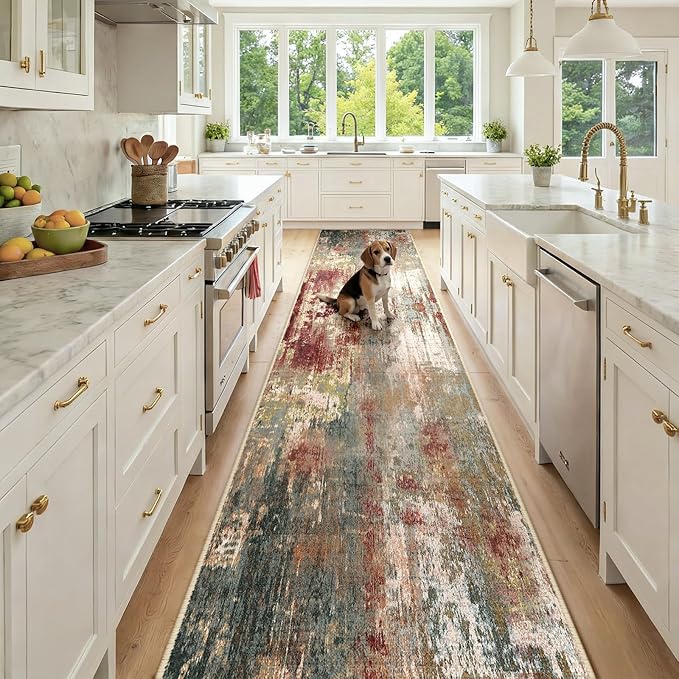 RELEANY Washable Area Rugs 2'6'' x12 Non-Slip Modern Abstract Soft for Living Room Entryway Bedroom Nursery, Print Pattern, Brown Rust Red Green Blue Multi