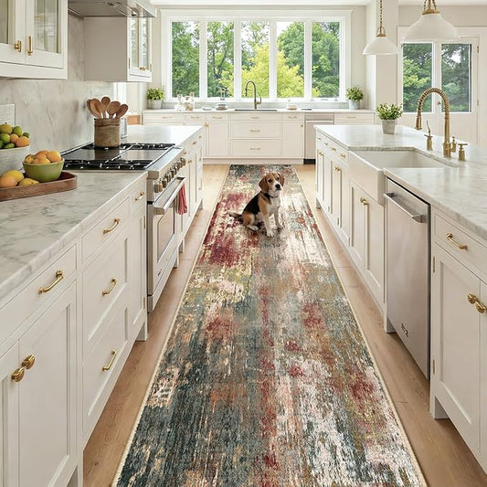 RELEANY Washable Area Rugs 2'6'' x14 Non-Slip Modern Abstract Soft for Living Room Entryway Bedroom Nursery, Print Pattern, Brown Rust Red Green Blue Multi