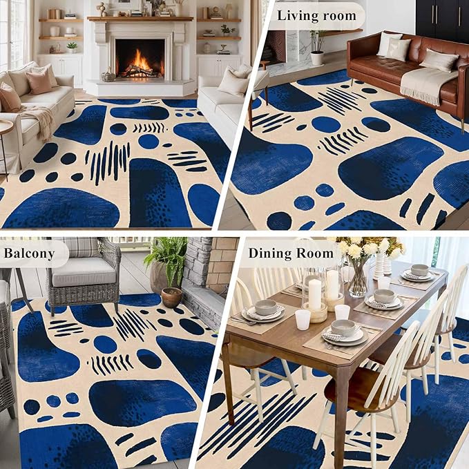 Modernism 6'x9' Large Area Rugs, Blue Black Geometric Abstract Style Washable Area Rugs Non-Slip Indoor Floor Mats Large Carpet for Living Room Bedroom Dining Room