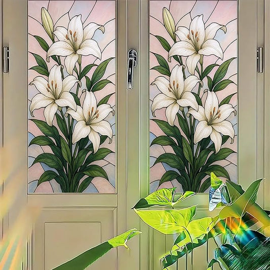 White Lily Privacy Film Stained Glass Style Static Cling No Glue Decorative Panel Light Filtering Cover for Door Window Bedroom Entryway 17.7x39.3 inch