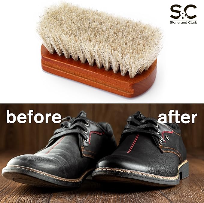 Mini 4" Shoe Brush - Portable Horse Hair Boot Brush w/Natural Wood Handle - Soft Bristle Shoe Shine Brush for Cleaning, Buffing & Polishing Leather Shoes - Travel-Friendly Size