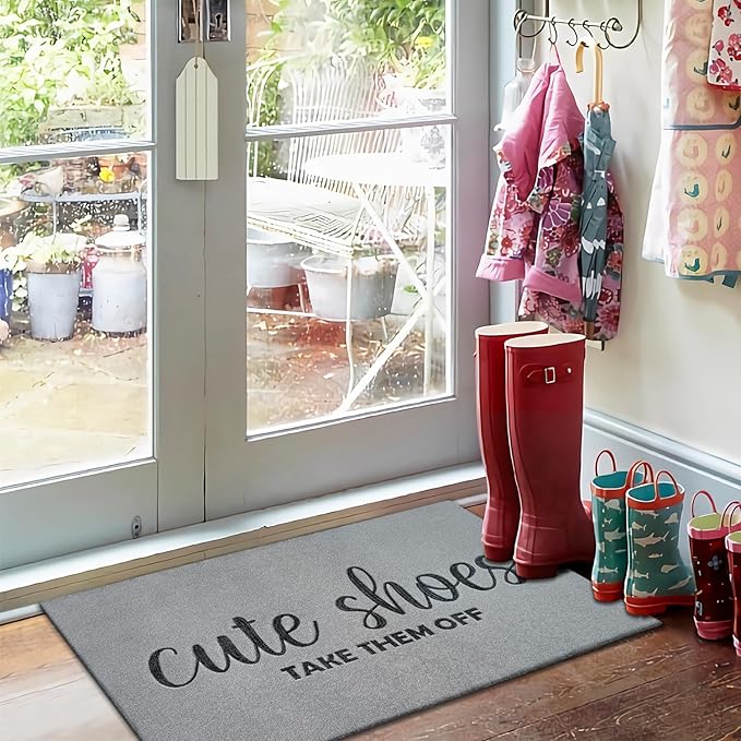 Entryway Cute Shoes Take Them Off Outdoor Mats with Rubber Backing Doormat Indoor Mat Polystyrene Backing Non Slip Natural Mat Light Grey
