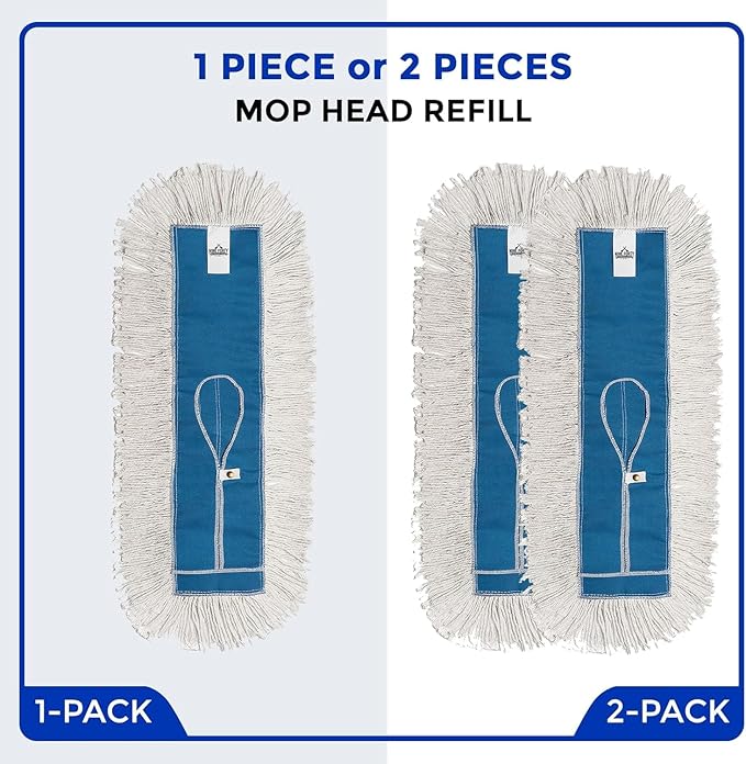 Nine Forty 60" Premium Cotton Dust Mop Kit - Heavy Duty Mop Head with Wood Handle for Industrial, Commercial, and Residential Cleaning - Dry Floor Duster for Hardwood Surfaces - White