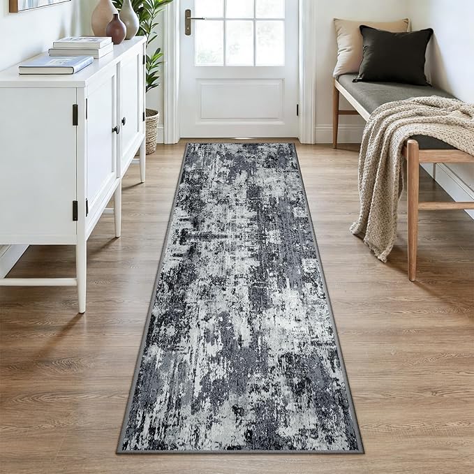 RELEANY Washable Area Rugs 2'6''x8 Non-Slip Modern Abstract Soft for Living Room Entryway Bedroom Nursery, Print Pattern, Black Navy Blue Gray
