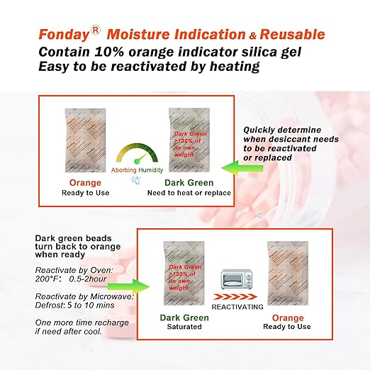 50g x 10 packs Fonday Rechargeable Silica Gel Desiccant Packets Fast Reactivate Desiccant Bags Moisture Indicating Orange to Green