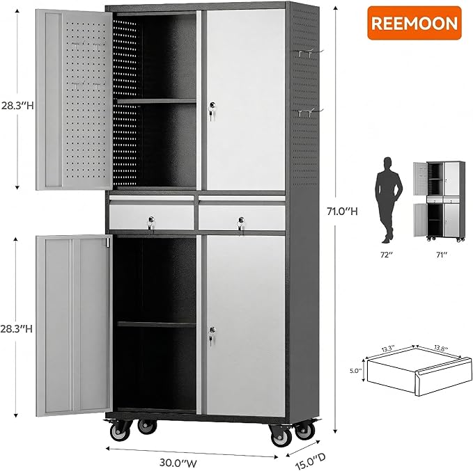 Reemoon Garage Storage Cabinet with Wheels and Doors,71" H Metal Storage Cabinet with Pegboard and 2 Drawers for Garage, Warehouse,Home,Required Assembly,Black and Silver