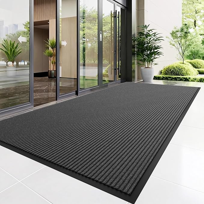 Front Door Mat, 4' x 8' Heavy Duty Indoor Outdoor Doomat, Commercial Industry Rugs with Rubber Backing, Non-Slip Low Profile Welcome Entry Mat for Patio, Home, Grey