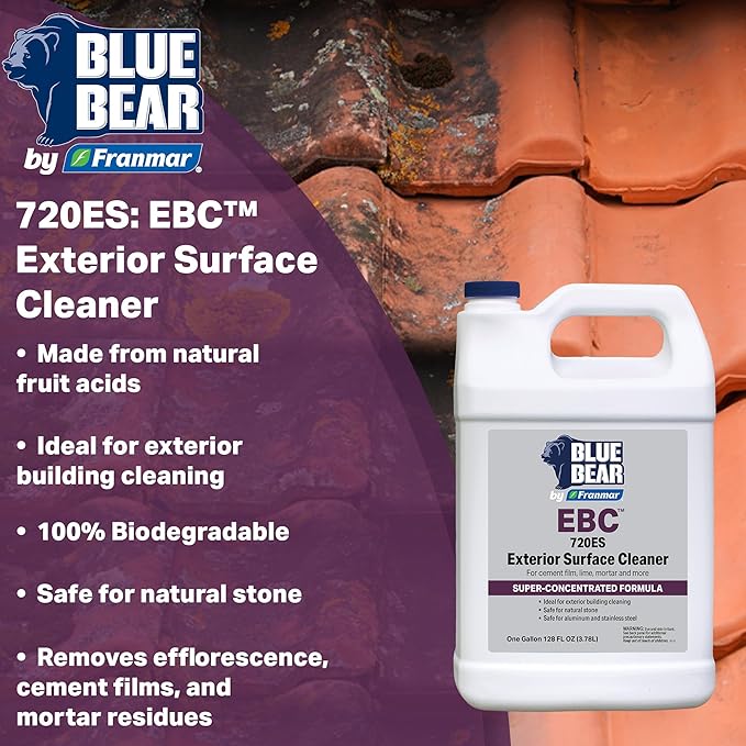 BLUE BEAR 720ES: Exterior Surface Cleaner – Biodegradable Fruit Acid Formula Removes Efflorescence, Cement Film, Moss, Algae & Dirt – Safe for Concrete, Stucco & Stone – 1 Gal