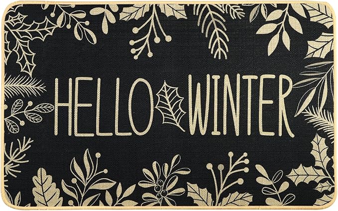 Hello Winter Door Mat Welcome Doormat, Winter Christmas Black Outdoor Rug Leaves Decor Floor Front Door Mat Non-Slip Entrance Mat for Home Kitchen Bathroom Decorations 17 X 29 Inch
