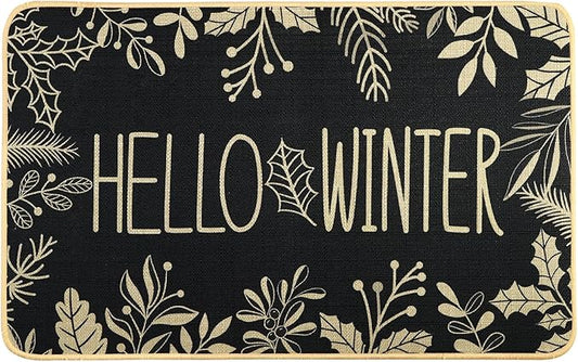 Hello Winter Door Mat Welcome Doormat, Winter Christmas Black Outdoor Rug Leaves Decor Floor Front Door Mat Non-Slip Entrance Mat for Home Kitchen Bathroom Decorations 17 X 29 Inch