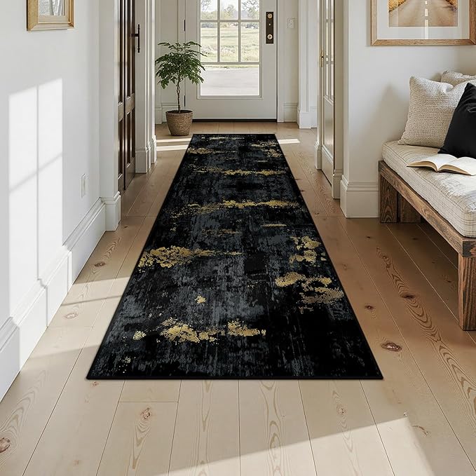 RELEANY Washable Area Rugs 2'6''x10 Non-Slip Modern Abstract Soft for Living Room Entryway Bedroom Nursery, Print Pattern, Dark Black Gold