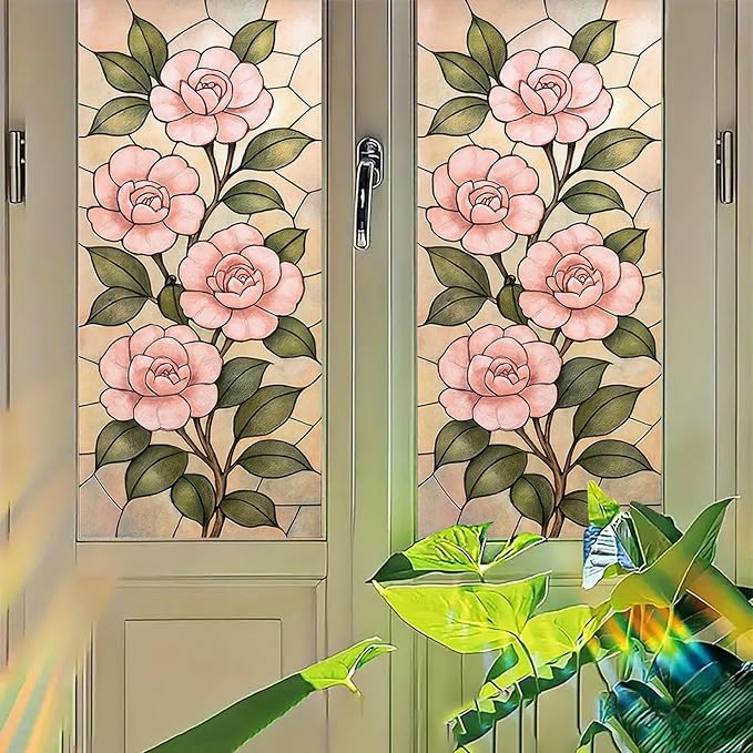 Pink Camellia Privacy Film Stained Glass Style Static Cling No Glue Decorative Panel Light Filtering Cover for Bedroom Door Vanity Entryway 17.7x39.3 inch