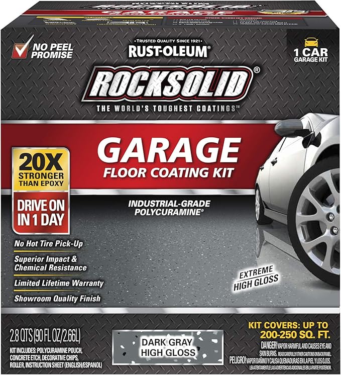Rust-Oleum 317286 RockSolid Polycuramine Garage Floor Coating, 1 Car Kit, High Gloss Dark Gray