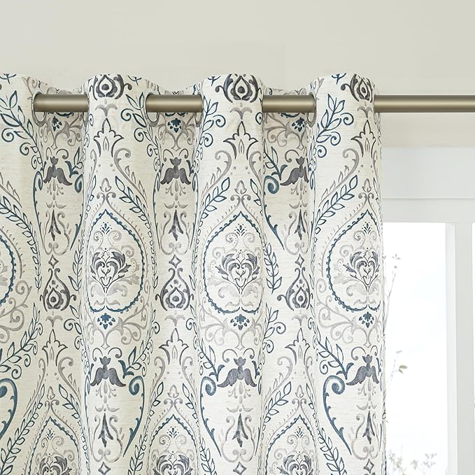 LAMIT 48 inch Length Linen Curtains for Small Windows, Light Filtering Semi Sheer Linen Curtains Grommet Vintage Damask Flower Pattern Drapes for Kitchen/Cafe, 2 Panels, 34 x 48 Inch, Greyish Blue