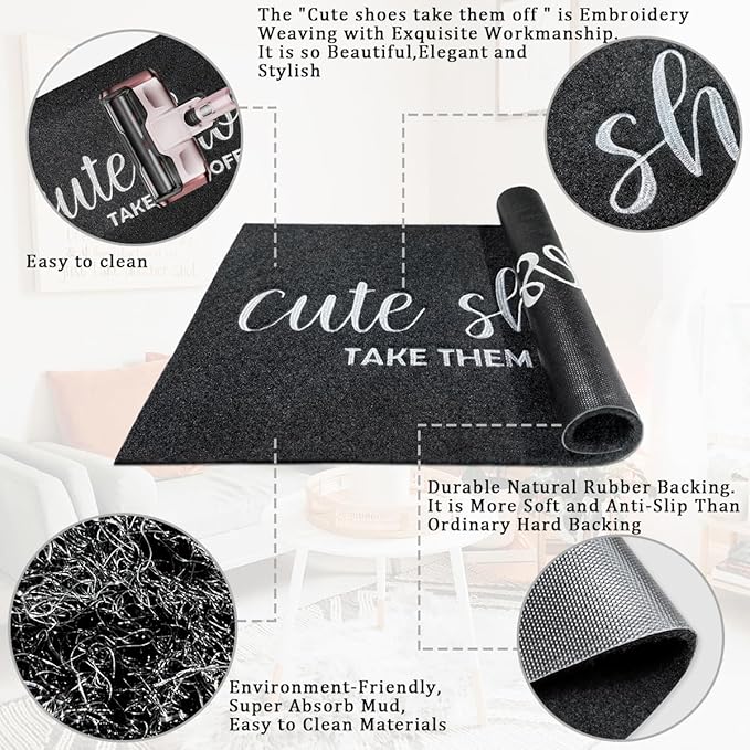 Indoor Door Mat Outdoor Welcome Large 24"x36" Black Mat for Outside Home Entry Cute Shoes Take Them Off Outdoor Entryway Rug Entrance Rug to Bedroom,Shoe Scraper,Non Slip,Easy to Clean