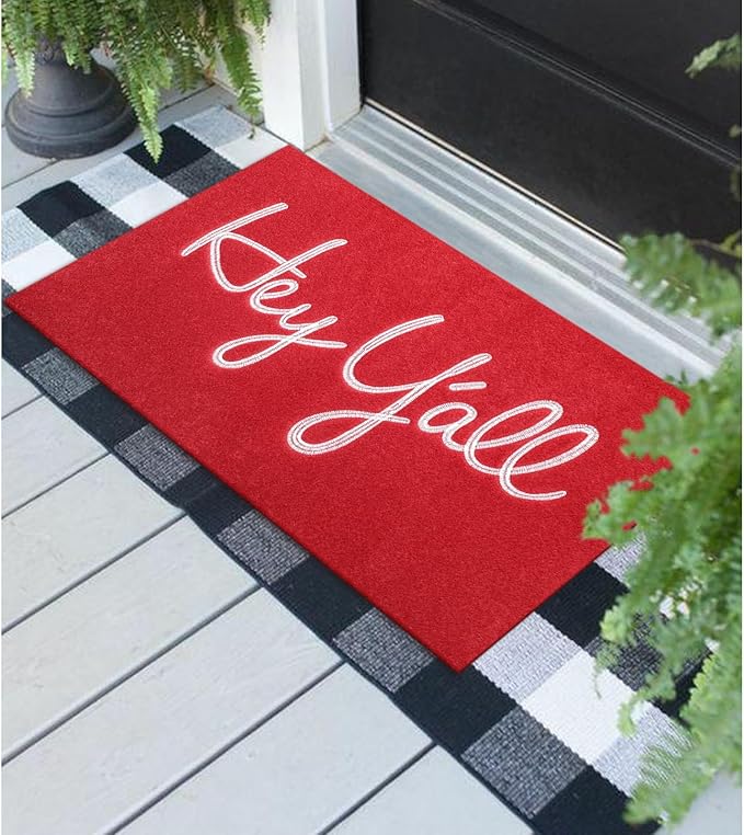 Hey Y'all Outdoor & Indoor Heavy-Duty Doormat - Red, 36" x 24" Low-Profile Entrance Mat