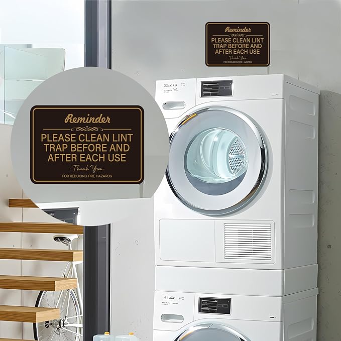 2PCS Clean Lint Trap Reminder Sign, Self-adhesive Waterproof and Anti-fading Clean Lint Trap Before and After Each Cycle sticker for Dryer, Essentials for Hosts and Guests Bathroom Sign