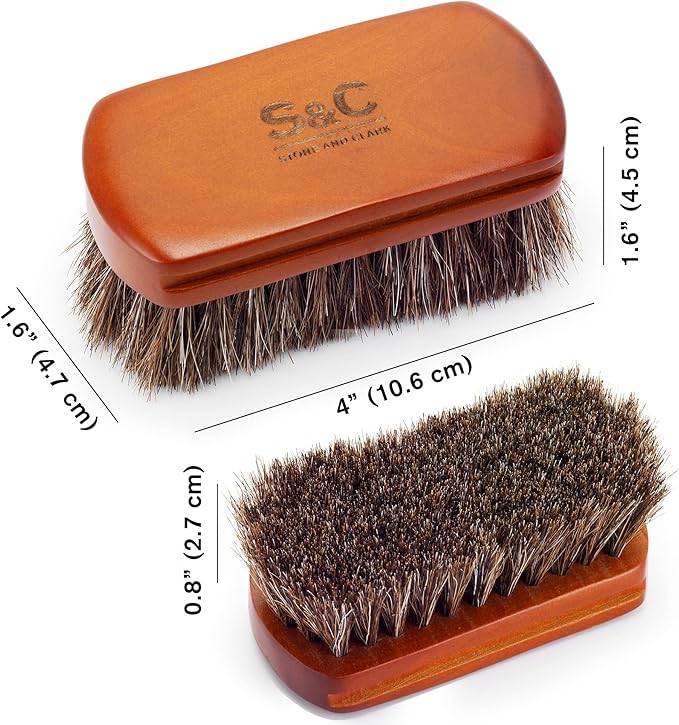 Mini 4" Shoe Brush - Portable Horse Hair Brush w/Natural Wood Handle - Soft Bristle Shoe Polish Brush for Cleaning, Buffing & Polishing Leather Shoes - Travel-Friendly Size Boot Brush