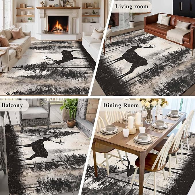 Elk 5'x7' Area Rugs, Deer Silhouette Washable Area Rugs Non-Slip Indoor Floor Mats Carpet for Living Room Bedroom Dining Room