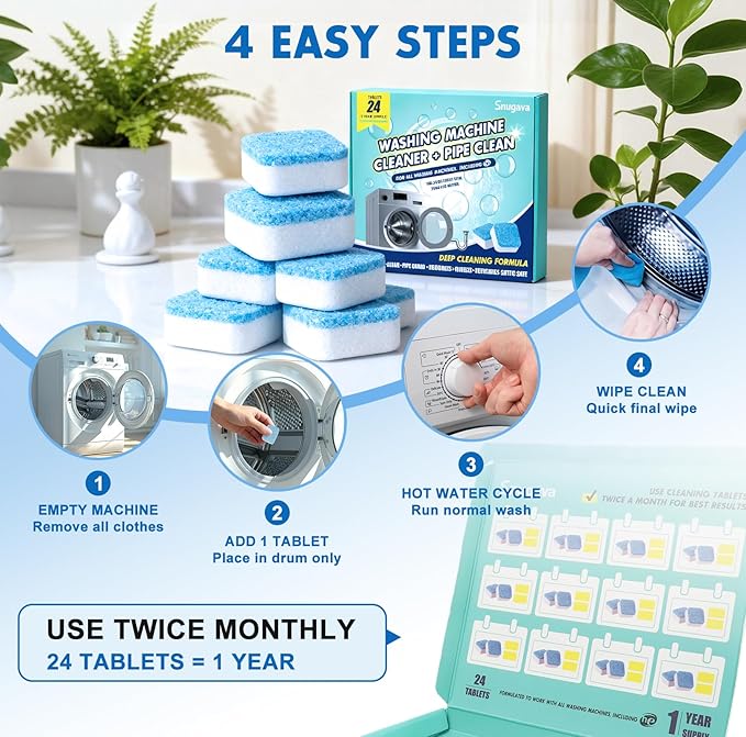Washing Machine Cleaner Tablets and Deodorizer: 24 Pack Laundry Machine Tub Descaler Cleaner, Deep Cleaning Household Pods for HE Front Loader Top Load Washer, Septic-Safe Eco-Friendly - 1 Year Supply