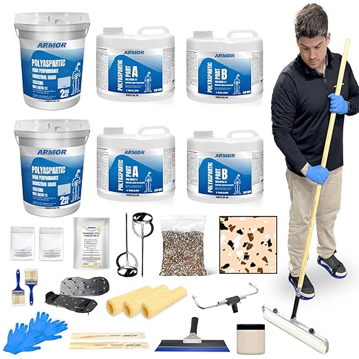 ArmorPoxy Polyaspartic Garage Floor Kit, 25Pc Fast Cure Epoxy Alternative, UV & Chemical Resistant, Low VOC, 2 Layer 1-Day Concrete Coating for DIY Garage, Driveway, Patio | 500 SQ Ft | Beige
