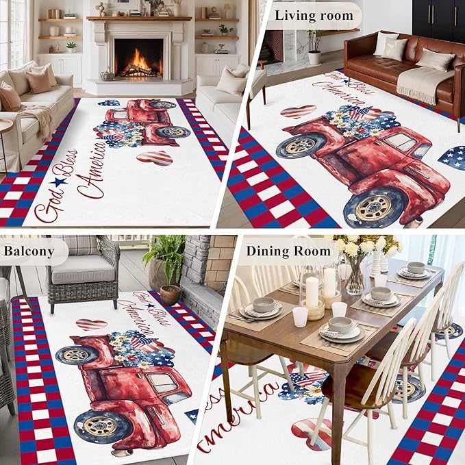 Red Truck USA Flag Stars 8'x10' Large Area Rugs, God Bless America Washable Area Rugs Non-Slip Indoor Floor Mats Large Carpet for Living Room Bedroom Dining Room