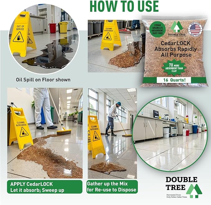 CedarLock Oil Absorbent – Nature’s Heavy-Duty Spill Solution Made from 100% Pure Incense Cedar, Oil Spill Kit Granules, Organic Granules, All-Purpose Oil Absorbent - (2 Bags 32 Quarts)