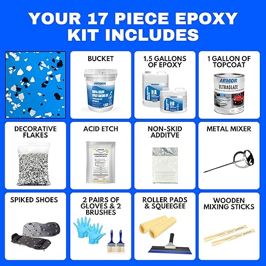 ArmorPoxy Garage Epoxy Floor Kit – 100% Solids - 2 Part Industrial-Grade Coating w/UltraGlaze Topcoat | DIY Slip & Hot Tire Resistant | 300 Sq Ft - Racing Blue - 17 pc kit