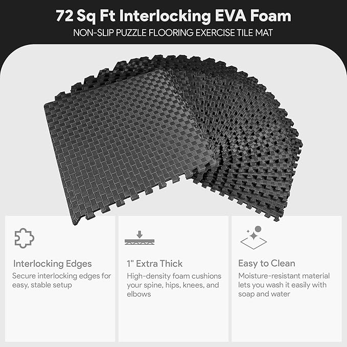 BalanceFrom Puzzle Exercise Mat 1' Thick, EVA Interlocking Foam Floor Tiles for Home Gym, Mat for Home Workout Equipment, Floor Padding for Kids, Black, 24 in x 24 in x 1 in, 72 Sq Ft - 18 Tiles