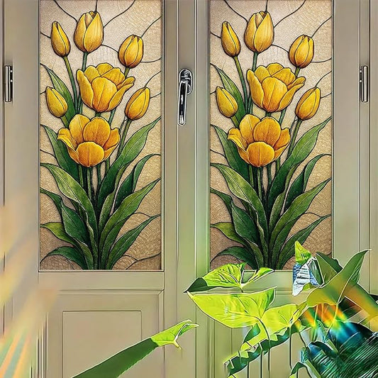 Yellow Tulip Privacy Film Stained Glass Style Static Cling No Glue Decorative Panel Light Filtering Cover for Door Kitchen Entryway 17.7x39.3 inch