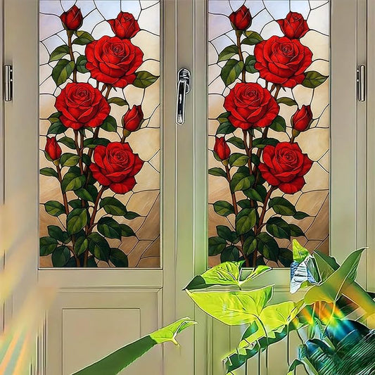 Red Rose Privacy Film Stained Glass Style Static Cling No Glue Decorative Panel Light Filtering Cover for Living Room Door Entryway 17.7x39.3 inch