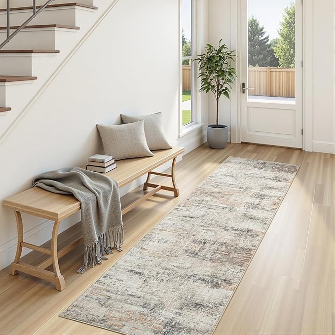 Lofus 2X 8 Area Rug for Hallways, Gold Abstract Washable Runner Rugs with Non Slip Rubber Backing, Low Pile Soft Carpet Runner for Kitchen Bathroom Bedroom Laundry