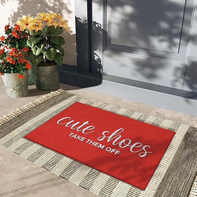Outdoor Welcome Mats Front Door Outside Mat for Home Entry Cute Shoes Take Them Off Entryway Doormats Non Slip Low Profile Small Rugs for Bedroom Living Room Dark Red