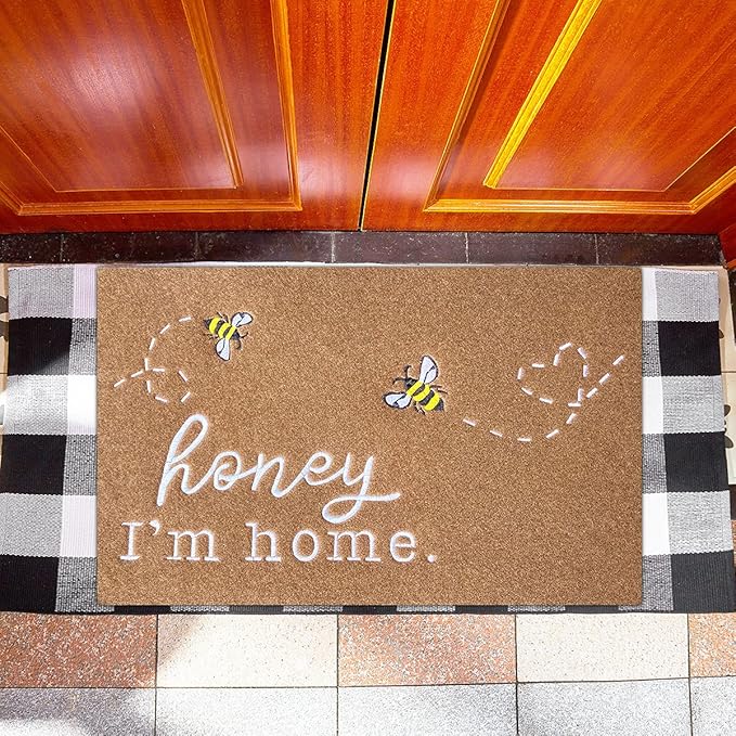 Large Front Door Mat Outdoor Entrance Front Door Mats Indoor Entrance Welcome Mat Honey I'm Home Bee Rugs with Non Slip Durable Rubber Backing Kitchen Washable Rugs Brown Mat