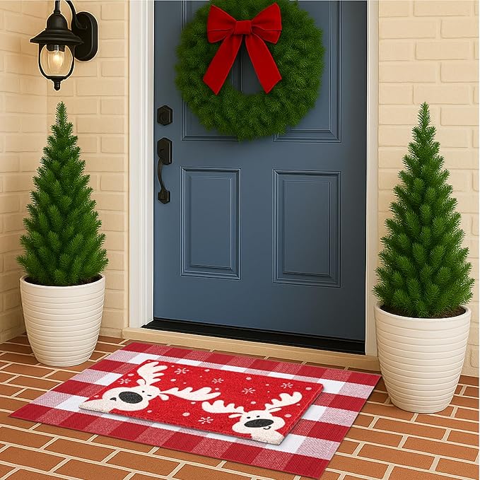 2-Piece Christmas Door Mat Combo Set - Reindeer Coir Doormat 17"x30" + Red White Buffalo Plaid Rug 28"x43", Layered Front Door Decor for Porch/Entryway, Natural Coir with PVC Backing