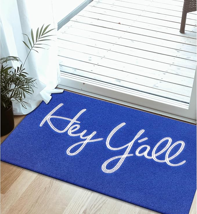 Front Doormat, Blue Hey Y'all Indoor Outdoor Heavy Duty Backing Door Mats Non Slip Absorbent Resist Dirt Entrance Doormats for Home Decor Entryway Patio 36" x 24"