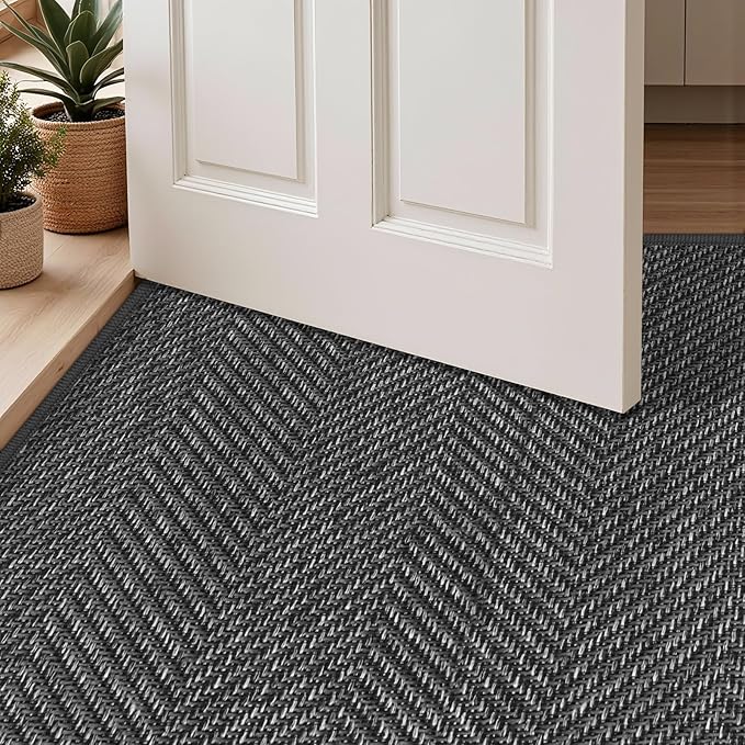 Ultra Thin Indoor Door Mat 24"x47", Washable Door Mat Indoor Entrance, Non Slip Rubber Backing Doormat Low-Profile Inside Entryway Mat, Unique Herringbone Design Entry Mat, Dark Grey (FOLD)