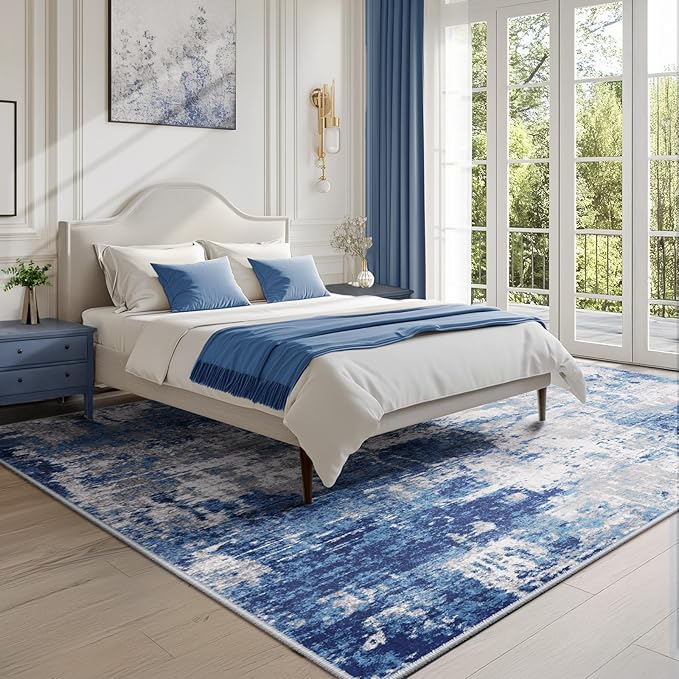 RELEANY Washable Area Rugs 10'x14' Non-Slip Modern Abstract Soft for Living Room Entryway Bedroom Nursery, Print Pattern, Blue Grey Navy Gray