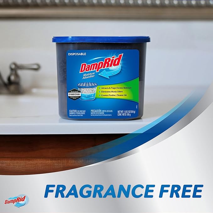 DampRid Fragrance Free Disposable Moisture Absorber with Activated Charcoal, 18 oz., 3 Pack, Moisture Absorber & Odor Remover, Lasts Up To 60 Days, No Electricity Required
