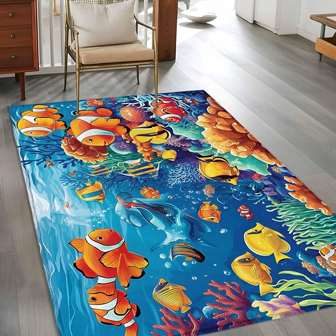 Ocean Marine 4'x6' Area Rugs, Life Fish Coral Seagrass Underwater Coastal Washable Area Rugs Non-Slip Indoor Floor Mats Carpet for Living Room Bedroom Dining Room