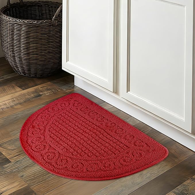 Echaprey Half Round Non-Slip Kitchen Bathroom Toilet Doormat Floor Rug Mat Keeps Your Floors Clean Home Decor (Large, Red)