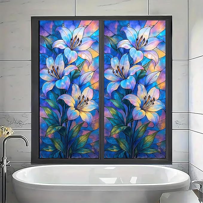 Blue Purple Lily Privacy Film Stained Glass Style Static Cling No Glue Decorative Panel Light Filtering Cover for Door Window Studio 17.7x39.3 inch