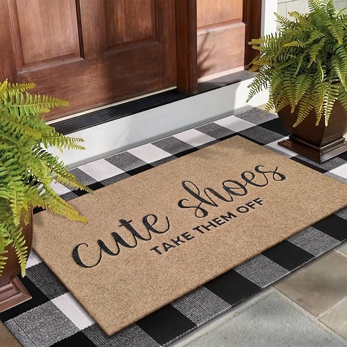 Welcome Mat for Front Door Outdoor Entryway Cute Shoes Take Them Off Indoor Mats with Rubber Backing Doormat Non Slip Easy to Clean Natural Outside Brown