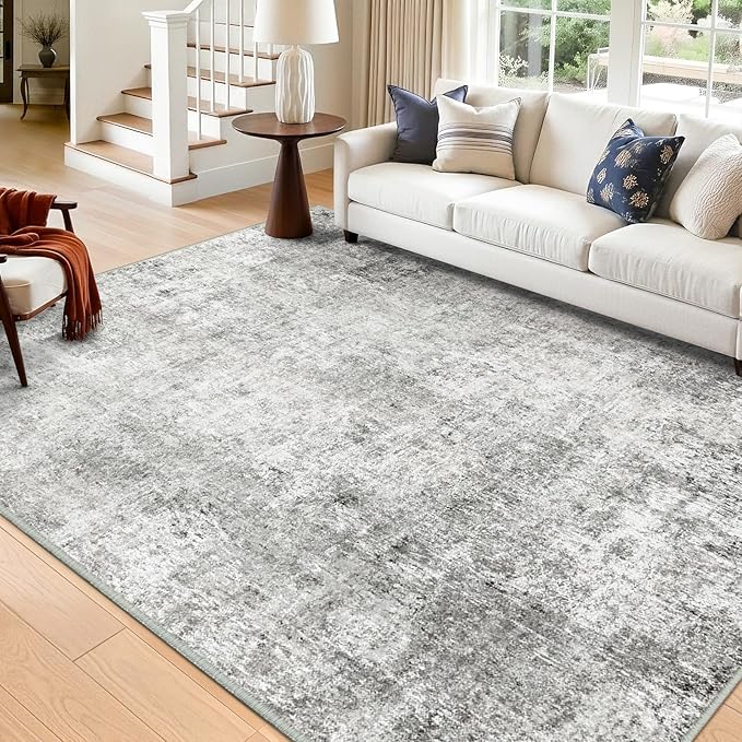 RELEANY Washable Area Rugs 7'x9' Non-Slip Modern Abstract Soft for Living Room Entryway Bedroom Nursery, Print Pattern, Gray White Grey