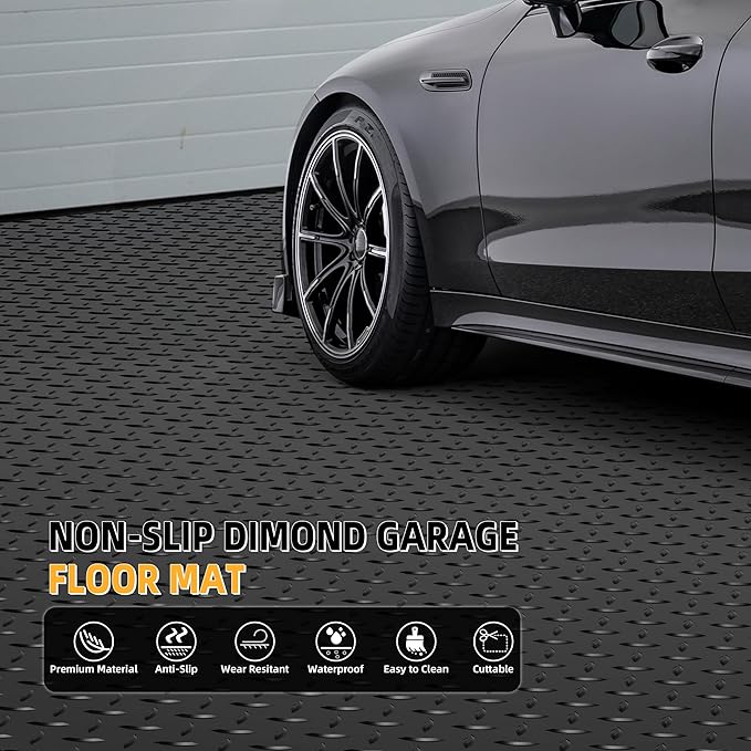 8.2x21 FT Garage Floor Mat, 2.8mm Thickened Diamond Plate PVC Garage Flooring Roll for Under Car Parking, Heavy Duty Garage Floor Protector 172.2 SQFT for Garage, RV Trailer, Basement, Black
